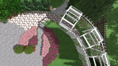 Memleketin peyzaj tasarımının 3 boyutlu görüntüsü. Bölgenin peyzajı. Birleşik peyzaj ve peyzaj çözümlerinin bilgisayar görselleştirmesi.