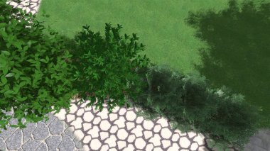 Memleketin peyzaj tasarımının 3 boyutlu görüntüsü. Bölgenin peyzajı. Birleşik peyzaj ve peyzaj çözümlerinin bilgisayar görselleştirmesi.