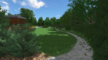 Memleketin peyzaj tasarımının 3 boyutlu görüntüsü. Bölgenin peyzajı. Birleşik peyzaj ve peyzaj çözümlerinin bilgisayar görselleştirmesi.