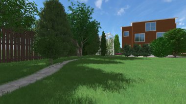 Memleketin peyzaj tasarımının 3 boyutlu görüntüsü. Bölgenin peyzajı. Birleşik peyzaj ve peyzaj çözümlerinin bilgisayar görselleştirmesi.