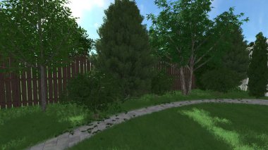 Memleketin peyzaj tasarımının 3 boyutlu görüntüsü. Bölgenin peyzajı. Birleşik peyzaj ve peyzaj çözümlerinin bilgisayar görselleştirmesi.