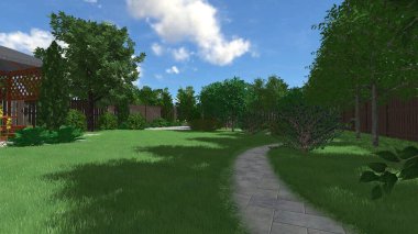 Memleketin peyzaj tasarımının 3 boyutlu görüntüsü. Bölgenin peyzajı. Birleşik peyzaj ve peyzaj çözümlerinin bilgisayar görselleştirmesi.