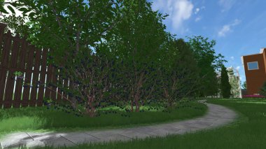 Memleketin peyzaj tasarımının 3 boyutlu görüntüsü. Bölgenin peyzajı. Birleşik peyzaj ve peyzaj çözümlerinin bilgisayar görselleştirmesi.