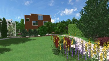 Memleketin peyzaj tasarımının 3 boyutlu görüntüsü. Bölgenin peyzajı. Birleşik peyzaj ve peyzaj çözümlerinin bilgisayar görselleştirmesi.