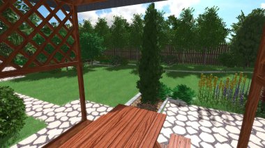 Memleketin peyzaj tasarımının 3 boyutlu görüntüsü. Bölgenin peyzajı. Birleşik peyzaj ve peyzaj çözümlerinin bilgisayar görselleştirmesi.