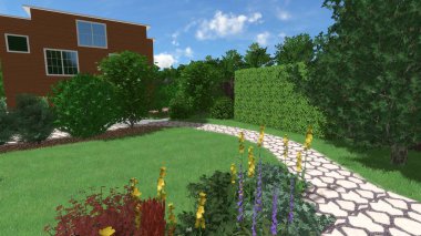 Memleketin peyzaj tasarımının 3 boyutlu görüntüsü. Bölgenin peyzajı. Birleşik peyzaj ve peyzaj çözümlerinin bilgisayar görselleştirmesi.