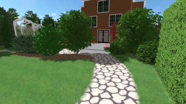 Memleketin peyzaj tasarımının 3 boyutlu görüntüsü. Bölgenin peyzajı. Birleşik peyzaj ve peyzaj çözümlerinin bilgisayar görselleştirmesi.