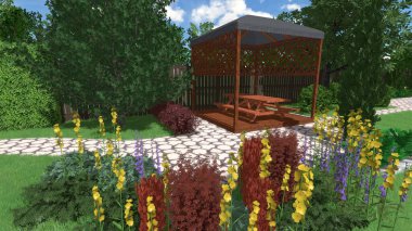 Memleketin peyzaj tasarımının 3 boyutlu görüntüsü. Bölgenin peyzajı. Birleşik peyzaj ve peyzaj çözümlerinin bilgisayar görselleştirmesi.