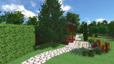 Memleketin peyzaj tasarımının 3 boyutlu görüntüsü. Bölgenin peyzajı. Birleşik peyzaj ve peyzaj çözümlerinin bilgisayar görselleştirmesi.