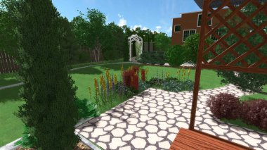 Memleketin peyzaj tasarımının 3 boyutlu görüntüsü. Bölgenin peyzajı. Birleşik peyzaj ve peyzaj çözümlerinin bilgisayar görselleştirmesi.