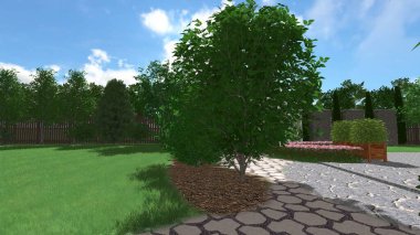 Memleketin peyzaj tasarımının 3 boyutlu görüntüsü. Bölgenin peyzajı. Birleşik peyzaj ve peyzaj çözümlerinin bilgisayar görselleştirmesi.