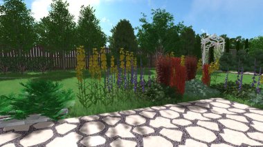 Memleketin peyzaj tasarımının 3 boyutlu görüntüsü. Bölgenin peyzajı. Birleşik peyzaj ve peyzaj çözümlerinin bilgisayar görselleştirmesi.