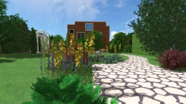 Memleketin peyzaj tasarımının 3 boyutlu görüntüsü. Bölgenin peyzajı. Birleşik peyzaj ve peyzaj çözümlerinin bilgisayar görselleştirmesi.