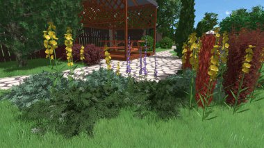 Memleketin peyzaj tasarımının 3 boyutlu görüntüsü. Bölgenin peyzajı. Birleşik peyzaj ve peyzaj çözümlerinin bilgisayar görselleştirmesi.