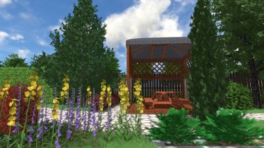 Memleketin peyzaj tasarımının 3 boyutlu görüntüsü. Bölgenin peyzajı. Birleşik peyzaj ve peyzaj çözümlerinin bilgisayar görselleştirmesi.