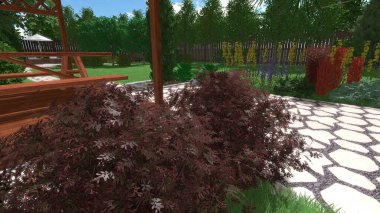 Memleketin peyzaj tasarımının 3 boyutlu görüntüsü. Bölgenin peyzajı. Birleşik peyzaj ve peyzaj çözümlerinin bilgisayar görselleştirmesi.