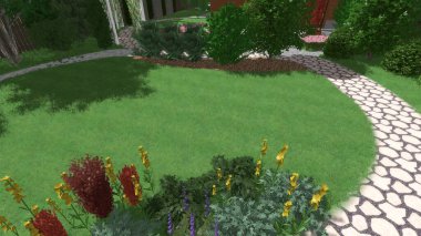 Memleketin peyzaj tasarımının 3 boyutlu görüntüsü. Bölgenin peyzajı. Birleşik peyzaj ve peyzaj çözümlerinin bilgisayar görselleştirmesi.