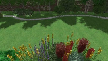 Memleketin peyzaj tasarımının 3 boyutlu görüntüsü. Bölgenin peyzajı. Birleşik peyzaj ve peyzaj çözümlerinin bilgisayar görselleştirmesi.