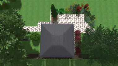 Memleketin peyzaj tasarımının 3 boyutlu görüntüsü. Bölgenin peyzajı. Birleşik peyzaj ve peyzaj çözümlerinin bilgisayar görselleştirmesi.