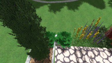 Memleketin peyzaj tasarımının 3 boyutlu görüntüsü. Bölgenin peyzajı. Birleşik peyzaj ve peyzaj çözümlerinin bilgisayar görselleştirmesi.