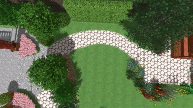 Memleketin peyzaj tasarımının 3 boyutlu görüntüsü. Bölgenin peyzajı. Birleşik peyzaj ve peyzaj çözümlerinin bilgisayar görselleştirmesi.