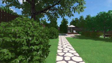 Memleketin peyzaj tasarımının 3 boyutlu görüntüsü. Bölgenin peyzajı. Birleşik peyzaj ve peyzaj çözümlerinin bilgisayar görselleştirmesi.