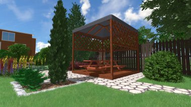 Memleketin peyzaj tasarımının 3 boyutlu görüntüsü. Bölgenin peyzajı. Birleşik peyzaj ve peyzaj çözümlerinin bilgisayar görselleştirmesi.