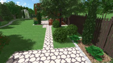 Memleketin peyzaj tasarımının 3 boyutlu görüntüsü. Bölgenin peyzajı. Birleşik peyzaj ve peyzaj çözümlerinin bilgisayar görselleştirmesi.