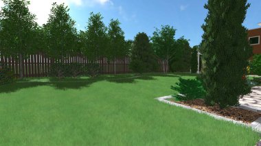 Memleketin peyzaj tasarımının 3 boyutlu görüntüsü. Bölgenin peyzajı. Birleşik peyzaj ve peyzaj çözümlerinin bilgisayar görselleştirmesi.