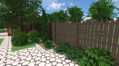 Memleketin peyzaj tasarımının 3 boyutlu görüntüsü. Bölgenin peyzajı. Birleşik peyzaj ve peyzaj çözümlerinin bilgisayar görselleştirmesi.