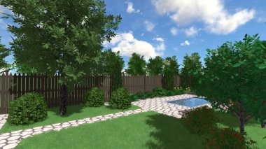 Memleketin peyzaj tasarımının 3 boyutlu görüntüsü. Bölgenin peyzajı. Birleşik peyzaj ve peyzaj çözümlerinin bilgisayar görselleştirmesi.