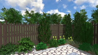 Memleketin peyzaj tasarımının 3 boyutlu görüntüsü. Bölgenin peyzajı. Birleşik peyzaj ve peyzaj çözümlerinin bilgisayar görselleştirmesi.