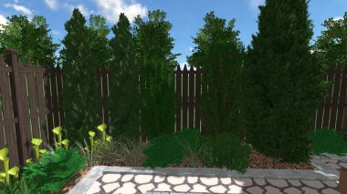 Memleketin peyzaj tasarımının 3 boyutlu görüntüsü. Bölgenin peyzajı. Birleşik peyzaj ve peyzaj çözümlerinin bilgisayar görselleştirmesi.