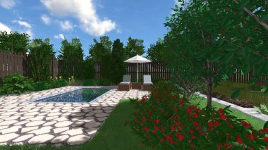 Memleketin peyzaj tasarımının 3 boyutlu görüntüsü. Bölgenin peyzajı. Birleşik peyzaj ve peyzaj çözümlerinin bilgisayar görselleştirmesi.