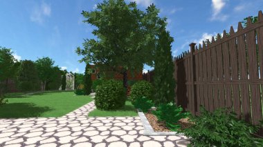 Memleketin peyzaj tasarımının 3 boyutlu görüntüsü. Bölgenin peyzajı. Birleşik peyzaj ve peyzaj çözümlerinin bilgisayar görselleştirmesi.