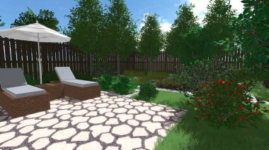 Memleketin peyzaj tasarımının 3 boyutlu görüntüsü. Bölgenin peyzajı. Birleşik peyzaj ve peyzaj çözümlerinin bilgisayar görselleştirmesi.