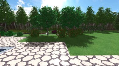 Memleketin peyzaj tasarımının 3 boyutlu görüntüsü. Bölgenin peyzajı. Birleşik peyzaj ve peyzaj çözümlerinin bilgisayar görselleştirmesi.