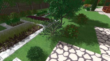 Memleketin peyzaj tasarımının 3 boyutlu görüntüsü. Bölgenin peyzajı. Birleşik peyzaj ve peyzaj çözümlerinin bilgisayar görselleştirmesi.