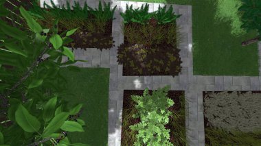 Memleketin peyzaj tasarımının 3 boyutlu görüntüsü. Bölgenin peyzajı. Birleşik peyzaj ve peyzaj çözümlerinin bilgisayar görselleştirmesi.