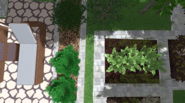 Memleketin peyzaj tasarımının 3 boyutlu görüntüsü. Bölgenin peyzajı. Birleşik peyzaj ve peyzaj çözümlerinin bilgisayar görselleştirmesi.