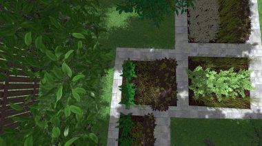 Memleketin peyzaj tasarımının 3 boyutlu görüntüsü. Bölgenin peyzajı. Birleşik peyzaj ve peyzaj çözümlerinin bilgisayar görselleştirmesi.