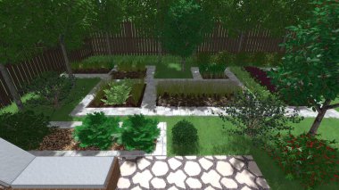 Memleketin peyzaj tasarımının 3 boyutlu görüntüsü. Bölgenin peyzajı. Birleşik peyzaj ve peyzaj çözümlerinin bilgisayar görselleştirmesi.