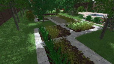 Memleketin peyzaj tasarımının 3 boyutlu görüntüsü. Bölgenin peyzajı. Birleşik peyzaj ve peyzaj çözümlerinin bilgisayar görselleştirmesi.