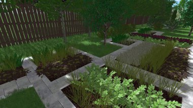 Memleketin peyzaj tasarımının 3 boyutlu görüntüsü. Bölgenin peyzajı. Birleşik peyzaj ve peyzaj çözümlerinin bilgisayar görselleştirmesi.