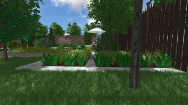 Memleketin peyzaj tasarımının 3 boyutlu görüntüsü. Bölgenin peyzajı. Birleşik peyzaj ve peyzaj çözümlerinin bilgisayar görselleştirmesi.