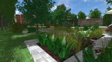 Memleketin peyzaj tasarımının 3 boyutlu görüntüsü. Bölgenin peyzajı. Birleşik peyzaj ve peyzaj çözümlerinin bilgisayar görselleştirmesi.