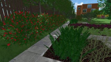 Memleketin peyzaj tasarımının 3 boyutlu görüntüsü. Bölgenin peyzajı. Birleşik peyzaj ve peyzaj çözümlerinin bilgisayar görselleştirmesi.