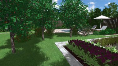 Memleketin peyzaj tasarımının 3 boyutlu görüntüsü. Bölgenin peyzajı. Birleşik peyzaj ve peyzaj çözümlerinin bilgisayar görselleştirmesi.