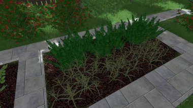 Memleketin peyzaj tasarımının 3 boyutlu görüntüsü. Bölgenin peyzajı. Birleşik peyzaj ve peyzaj çözümlerinin bilgisayar görselleştirmesi.