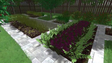 Memleketin peyzaj tasarımının 3 boyutlu görüntüsü. Bölgenin peyzajı. Birleşik peyzaj ve peyzaj çözümlerinin bilgisayar görselleştirmesi.